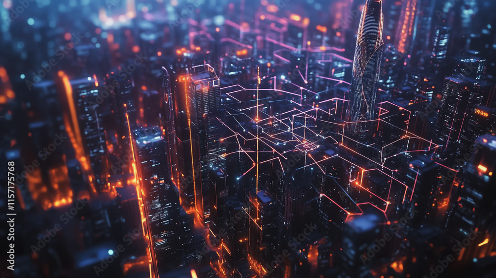 Smart digital Innovation city with connection network reciprocity over the cityscape. of future smart wireless digital city and social media networking systems that connects people with in city Smart digital Innovation city with connection network reciprocity over the cityscape. of future smart wireless digital city and social media networking systems that connects people with in city