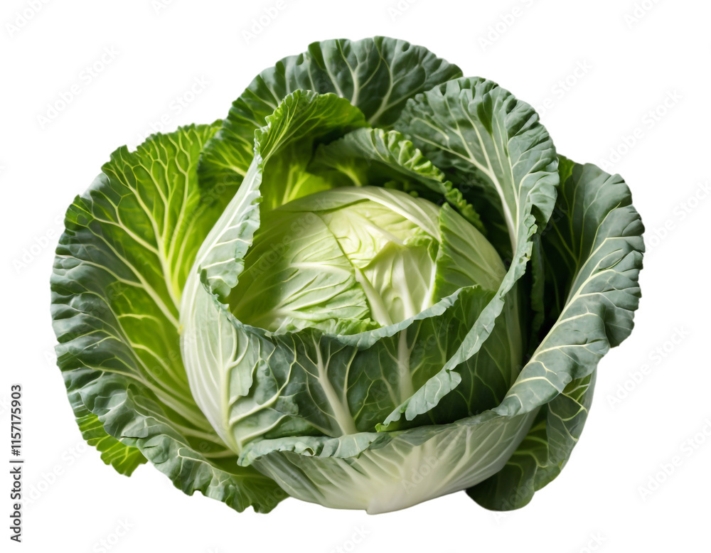 Fototapeta premium Fresh Green Cabbage Isolated on Transparent PNG Background.