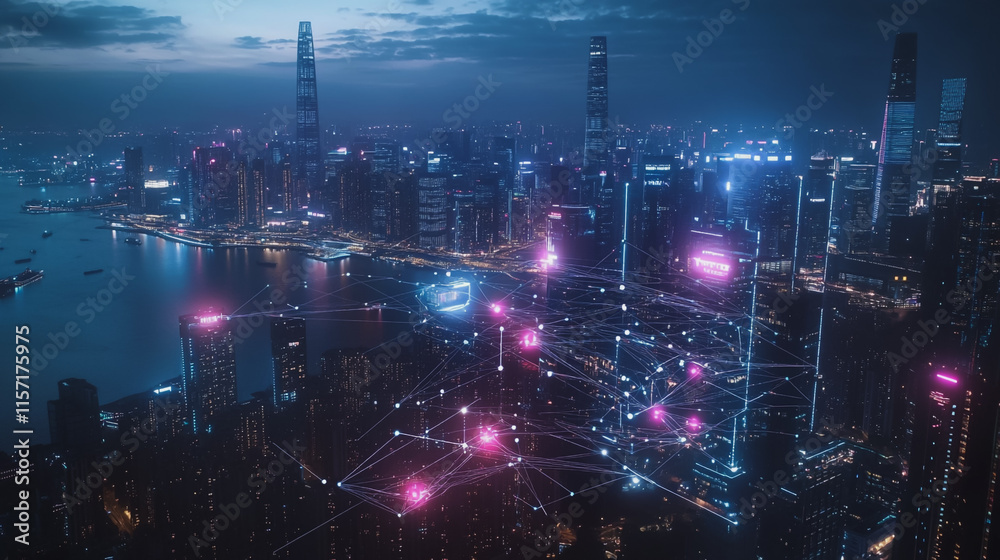 Smart digital Innovation city with connection network reciprocity over the cityscape. of future smart wireless digital city and social media networking systems that connects people with in city Smart digital Innovation city with connection network reciprocity over the cityscape. of future smart wireless digital city and social media networking systems that connects people with in city