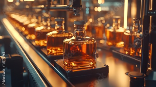 Automated bottling line with amber liquid bottles on conveyor belt.