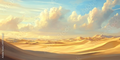 Golden skies light up the desert dunes, emphasizing the simplicity of the golden sand drifts. This expansive backdrop inspires a profound sense of vastness and tranquility. photo