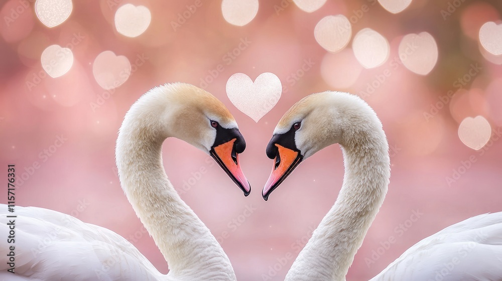 Fototapeta premium Two swans forming a heart shape against a bokeh background of hearts.