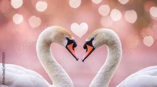 Two swans forming a heart shape against a bokeh background of hearts.
