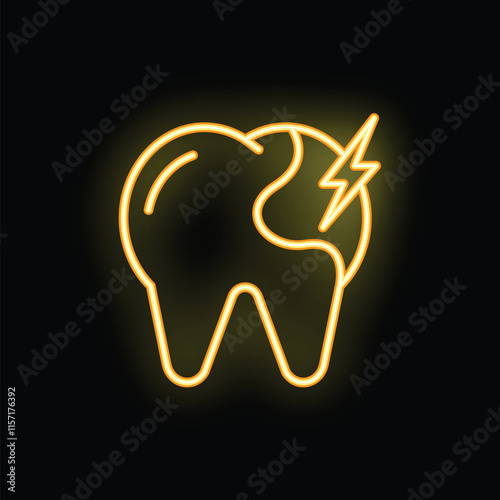 Neon yellow icon of a tooth with a crack and lightning bolt indicating tooth sensitivity or toothache