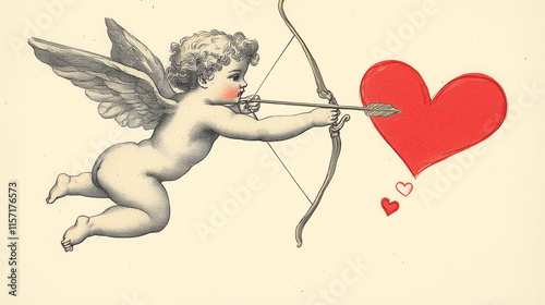 Vintage illustration of Cupid with wings aiming an arrow at a red heart in a romantic artistic design photo