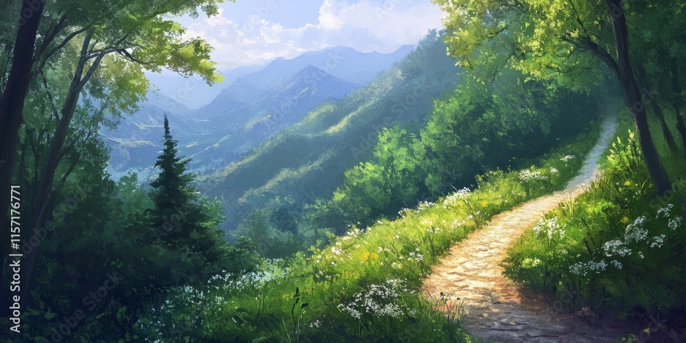 Landscape featuring a path winding through a vibrant green forest on the mountainside, showcasing the beauty of nature in the landscape and inviting exploration through the serene surroundings. Landscape featuring a path winding through a vibrant green forest on the mountainside, showcasing the beauty of nature in the landscape and inviting exploration through the serene surroundings.