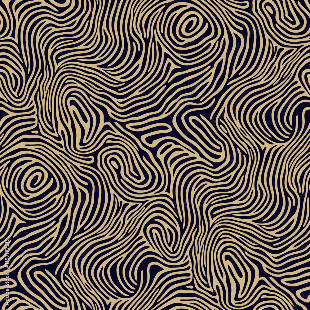 Vector abstract organic seamless pattern. Luxury black and gold texture with swirl shapes, curvy chaotic lines, liquid fluid stripes, fingerprint form. Natural geo background. Repeated golden design Vector abstract organic seamless pattern. Luxury black and gold texture with swirl shapes, curvy chaotic lines, liquid fluid stripes, fingerprint form. Natural geo background. Repeated golden design