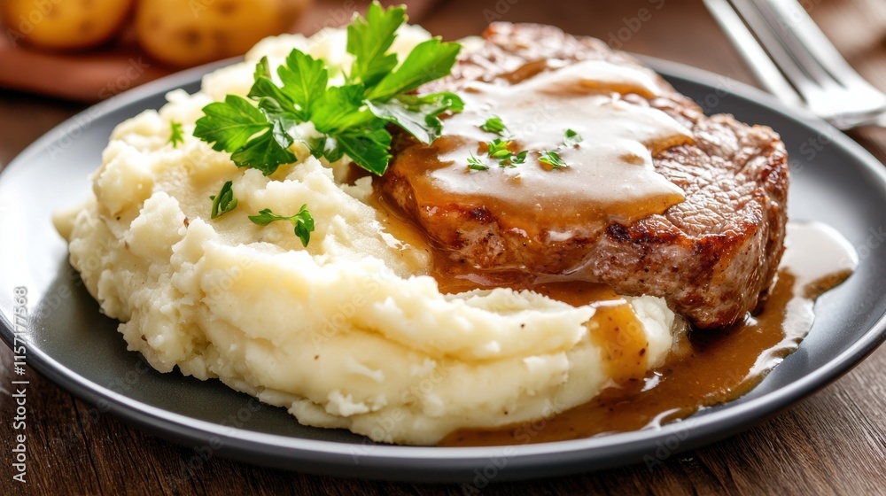 Delicious Beef Steak with Creamy Mashed Potatoes and Savory Gravy on Rustic Wooden Plate