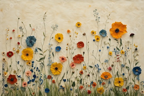 A textured canvas features a meadow of artistic flowers in various colors, including prominent poppies, conveying a sense of natural beauty and creativity. photo