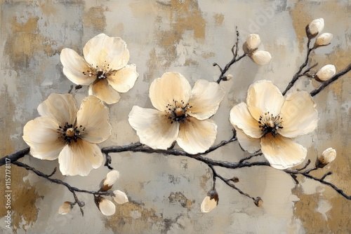 A close-up abstract view highlighting the textured cream-colored floral blossoms on a contrasting background, showcasing the intricate details and artistic beauty. photo