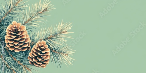 Banner format featuring a pine branch adorned with two cones set against a vibrant green background. The design highlights the pine branch and its two cones prominently.