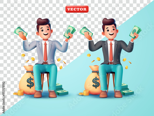 Happy office man with money. 3d vector, Suitable for business, career and design elements