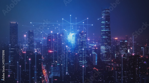 Wallpaper Mural Smart digital Innovation city with connection network reciprocity over the cityscape. of future smart wireless digital city and social media networking systems that connects people with in city Torontodigital.ca