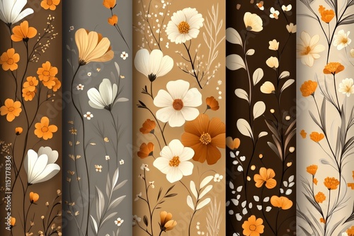 A series of five panels showcasing intricate floral patterns in earthy tones, with flowers and leaves arranged in elegant patterns across a vertical layout. photo