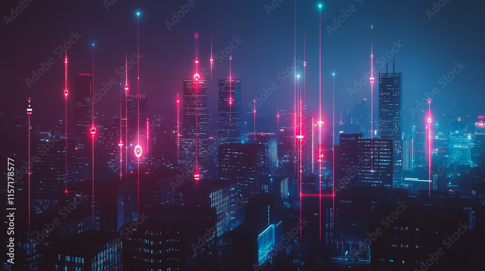 Obraz premium Smart digital Innovation city with connection network reciprocity over the cityscape. of future smart wireless digital city and social media networking systems that connects people with in city