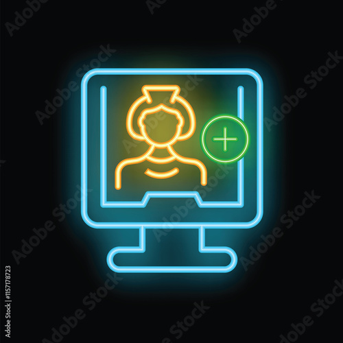 Neon icon of a nurse on a computer screen with a medical cross, representing online healthcare consultation