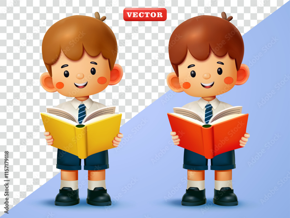 Schoolboy reading a book. 3d vector, Suitable for education and design elements Schoolboy reading a book. 3d vector, Suitable for education and design elements