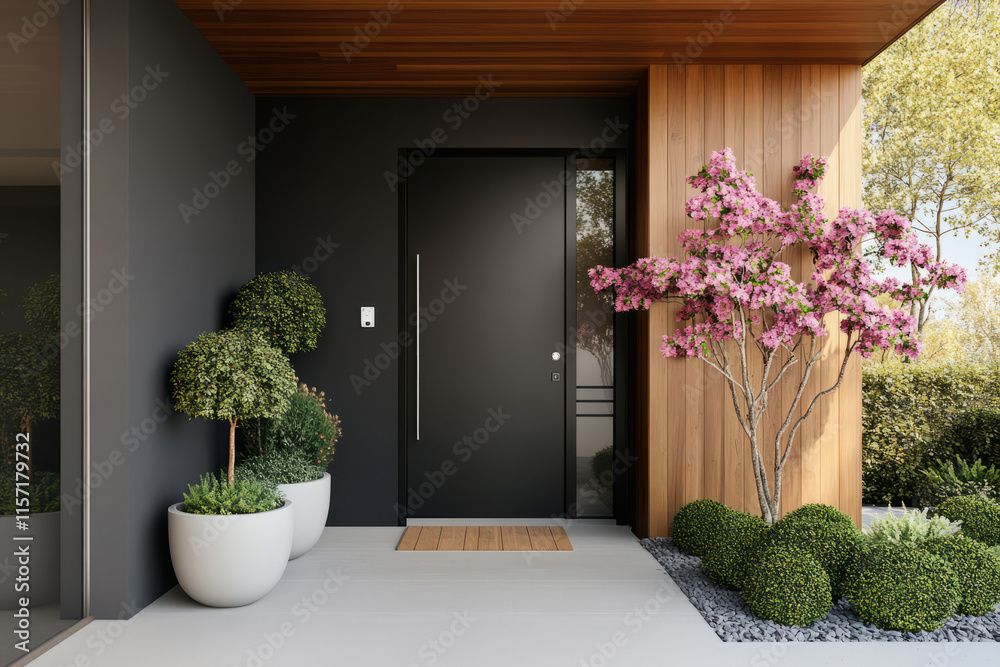 Fototapeta premium Modern home entrance with door, wooden siding, decorative flowers, and outdoor rug