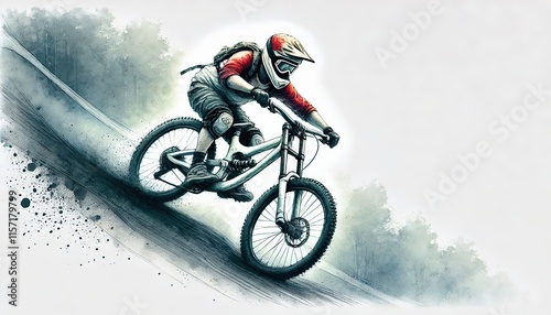 Downhill biking event with bikers in action, Downhill Biking male athlete in watercolour painting in minimalist white background, photo