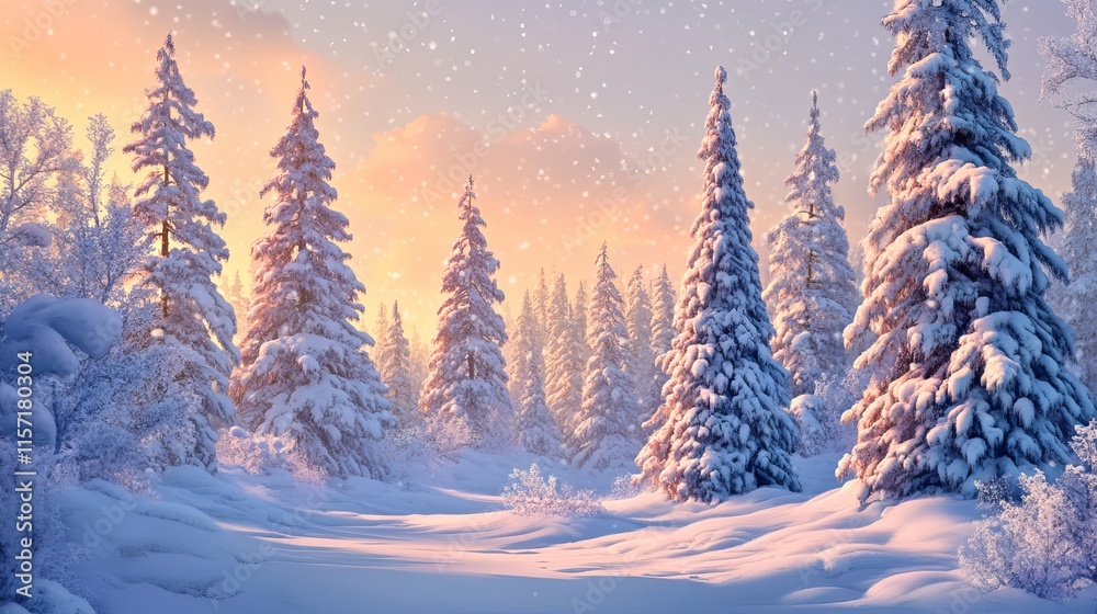 Naklejka premium Christmas Winter Scene with Snow-Covered Fir Trees and Sparkling Snowdrifts