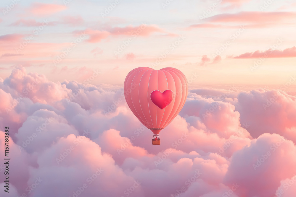 Obraz premium Pink heart shaped hot air balloon soaring above clouds