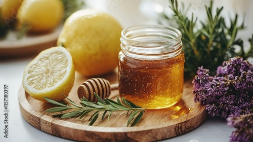 A jar of honey with lemon slices and herbs on a wooden platter, evoking a natural remedy theme.