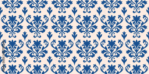 Elegant blue and white seamless pattern in baroque style. Abstract floral geometric ornament with curly elements, foliage. Vector background in rococo, revival, damask style. Vintage decorative design