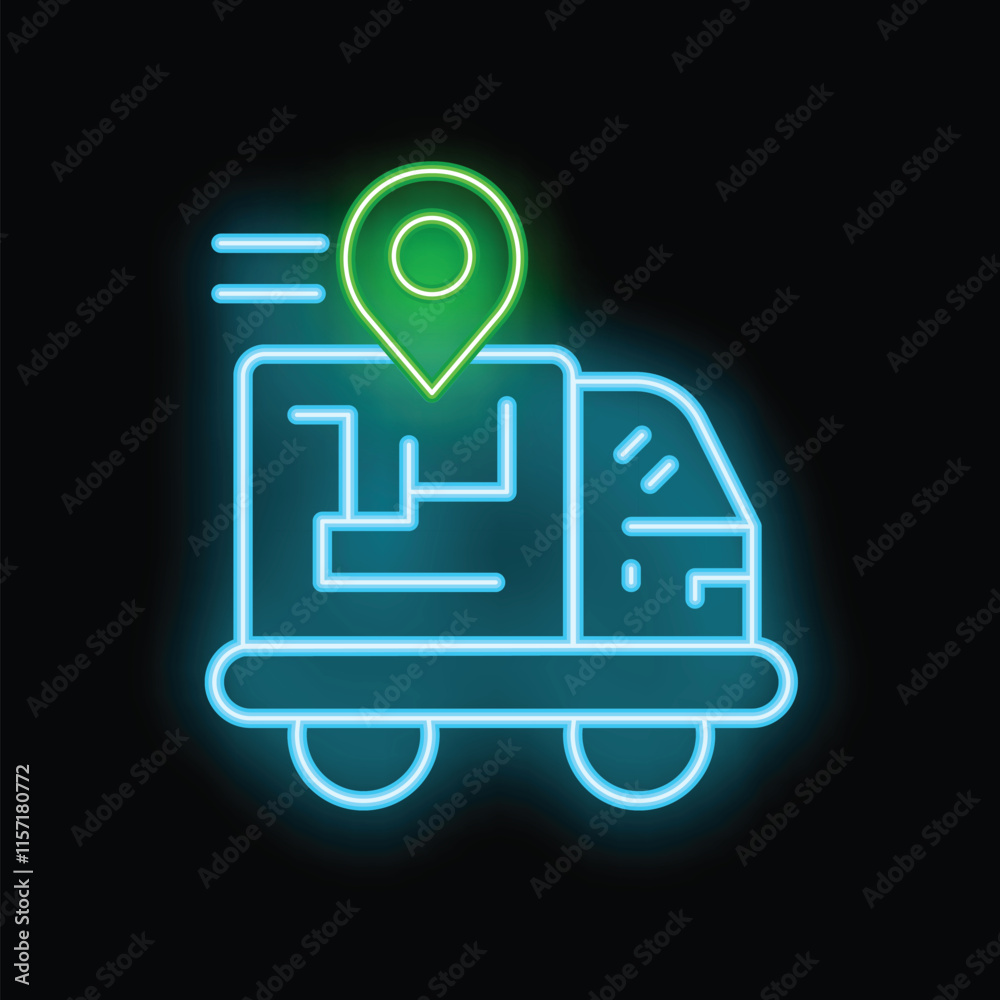Glowing neon icon of a delivery truck with a map and gps pin, representing modern logistics and transportation Glowing neon icon of a delivery truck with a map and gps pin, representing modern logistics and transportation