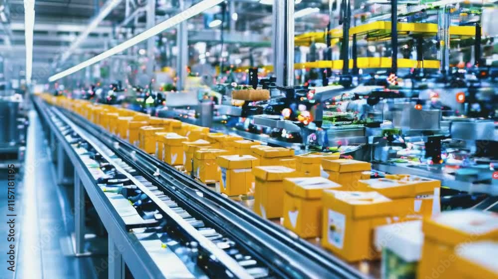 A bustling factory where automated systems assemble packaging for food products, with conveyor belts seamlessly moving items through each stage. A bustling factory where automated systems assemble packaging for food products, with conveyor belts seamlessly moving items through each stage.