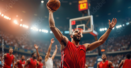 Excited basketball player scores winning point in arena. Celebrates with arms up in front of cheering crowd. Intense match, triumph, sportsmanship. Players in red jerseys compete with passion.