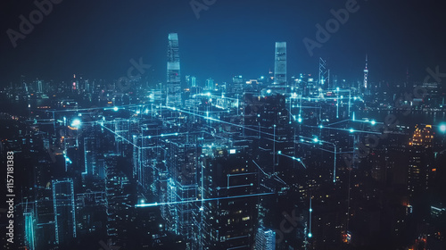 Wallpaper Mural Smart digital Innovation city with connection network reciprocity over the cityscape. of future smart wireless digital city and social media networking systems that connects people with in city Torontodigital.ca