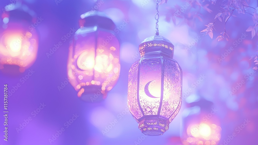 Glowing lanterns with crescent moon design hang amidst soft purple light and foliage. Glowing lanterns with crescent moon design hang amidst soft purple light and foliage.