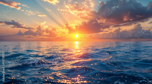 Ocean Sunset Waves Pink Clouds, Golden Sun, Sea Spray