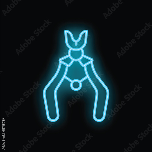 Blue neon icon of tooth extraction pliers glowing on a black background