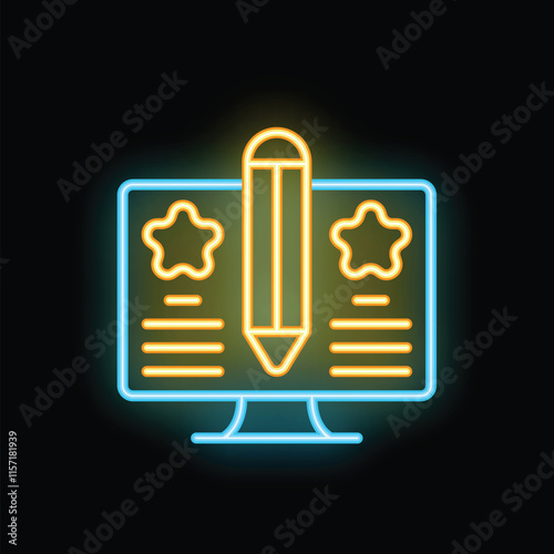 Neon icon of a computer screen showing content creation with a pencil, stars, and lines of text