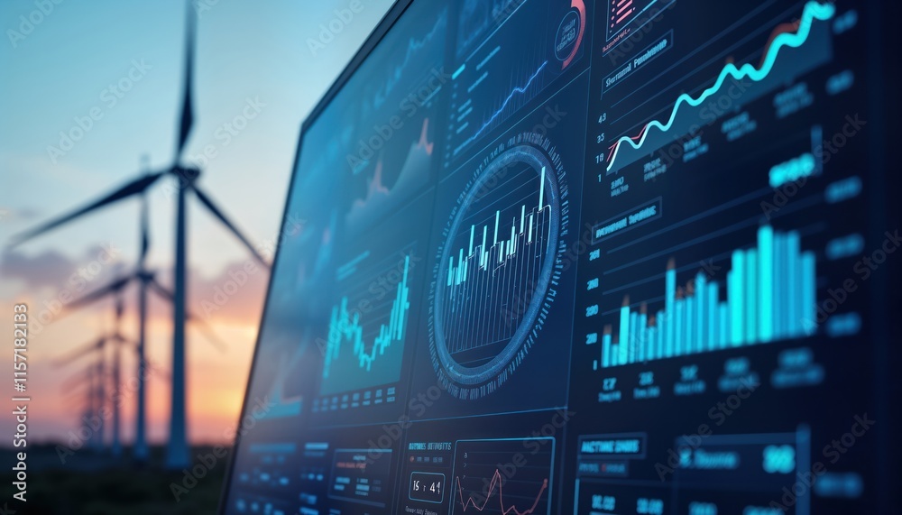 Fototapeta premium Modern wind turbine farm. Real-time energy data displayed on dashboard with graphs, statistics. Monitoring power production efficiency. Sustainable energy solution. Smart grid tech. Trend analysis.