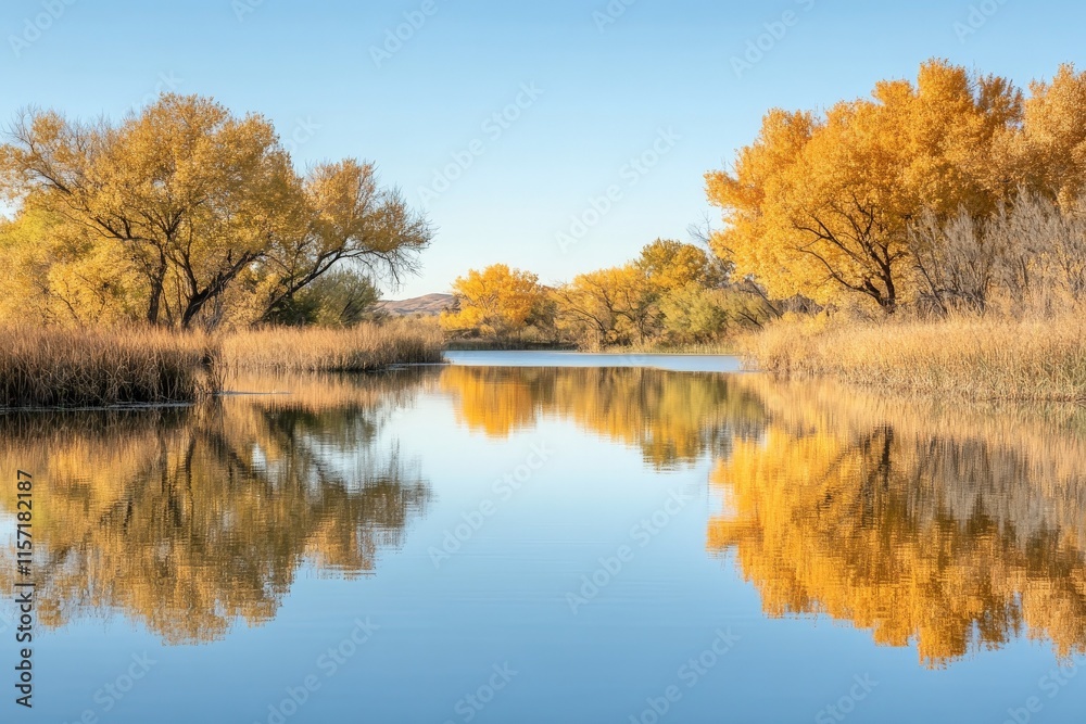 Boasting golden autumn trees mirrored on still water, this image evokes warmth, tranquility, and the seasonal transition from summer to autumn, showcasing nature's elegance. Boasting golden autumn trees mirrored on still water, this image evokes warmth, tranquility, and the seasonal transition from summer to autumn, showcasing nature's elegance.