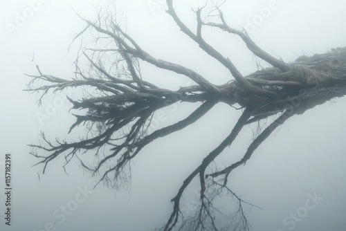 A foggy morning scene featuring gnarled, bare tree branches extending dramatically through the mist, evoking a sense of mystery and quiet contemplation. photo