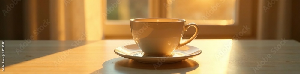 Fototapeta premium Tea cup shadow with warm sunlight filtering through a windowpane, shadow, calm
