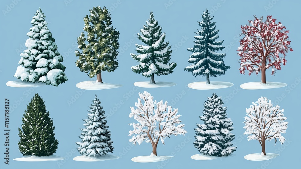 Obraz premium Snow-Covered Deciduous and Coniferous Trees Set on Blue Winter Background – Isolated Vector Illustration