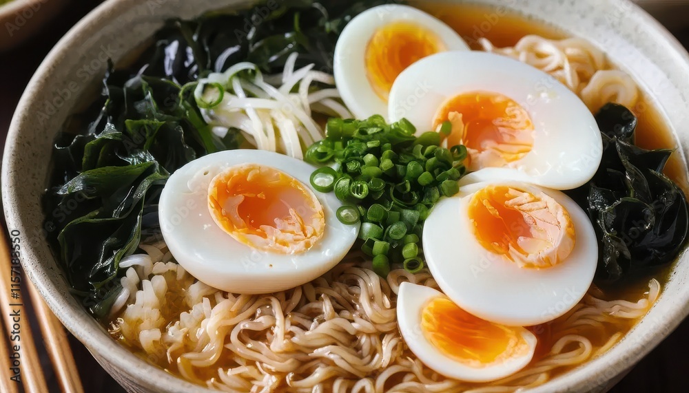 steaming bowl of ramen, featuring rich broth, perfectly cooked noodles, soft-boiled eggs, and fresh toppings steaming bowl of ramen, featuring rich broth, perfectly cooked noodles, soft-boiled eggs, and fresh toppings