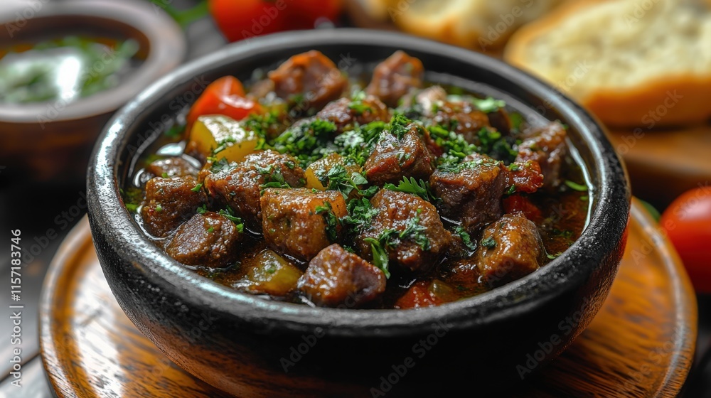 Delicious beef stew with vegetables in a rustic bowl. Delicious beef stew with vegetables in a rustic bowl.
