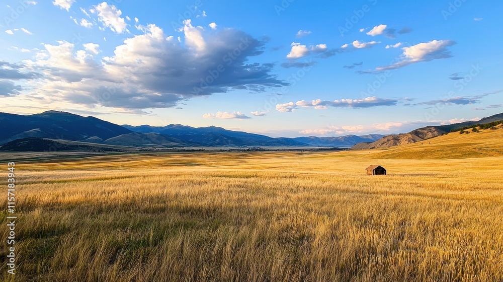 Vast Scenic Golden Wheat Field with Distant Mountains and Dramatic Sky Vast Scenic Golden Wheat Field with Distant Mountains and Dramatic Sky