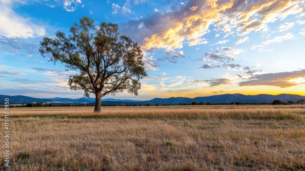Majestic Lone Tree Silhouette at Breathtaking Sunset in Serene Countryside Landscape Majestic Lone Tree Silhouette at Breathtaking Sunset in Serene Countryside Landscape