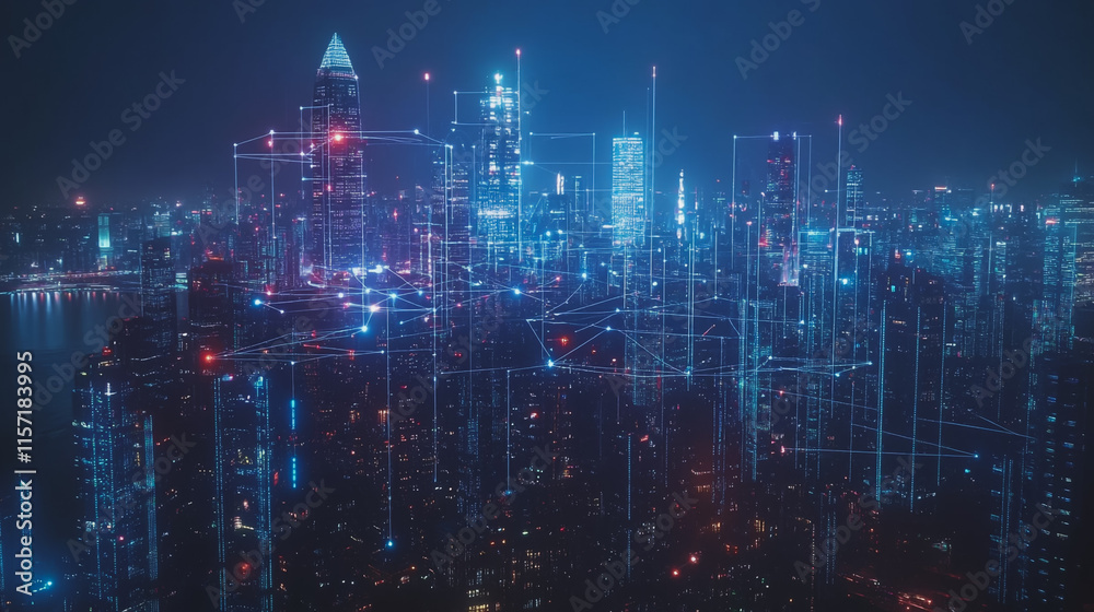 Fototapeta premium Smart digital Innovation city with connection network reciprocity over the cityscape. of future smart wireless digital city and social media networking systems that connects people with in city