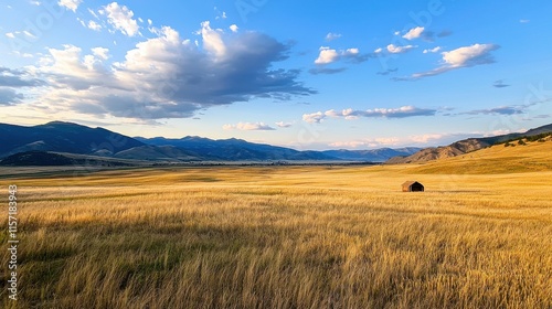 Vast Scenic Golden Wheat Field with Distant Mountains and Dramatic Sky