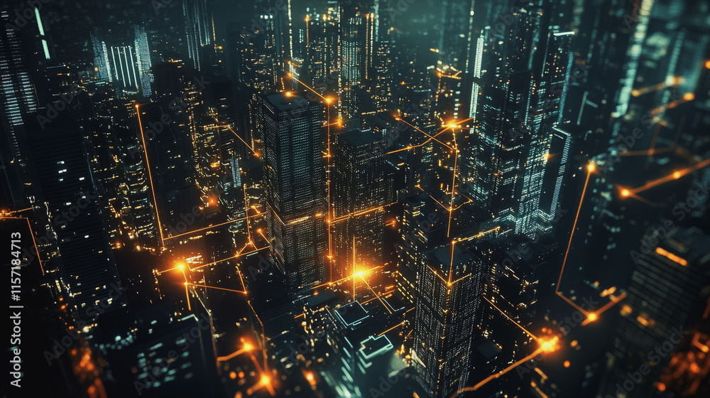 Fototapeta premium Smart digital Innovation city with connection network reciprocity over the cityscape. of future smart wireless digital city and social media networking systems that connects people with in city