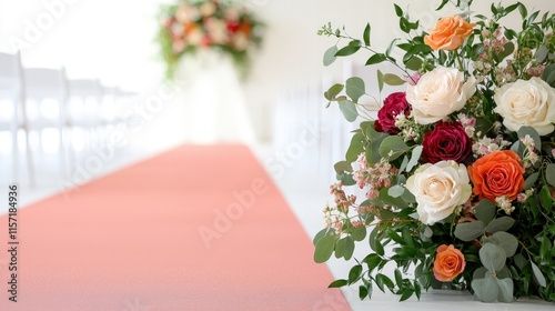 Floral Arrangement at Wedding Aisle with Coral Runner