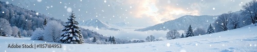 Snowflakes dance and fall gently from the sky onto the snowy Eildon Hills, winter scene, borders, galashiels photo