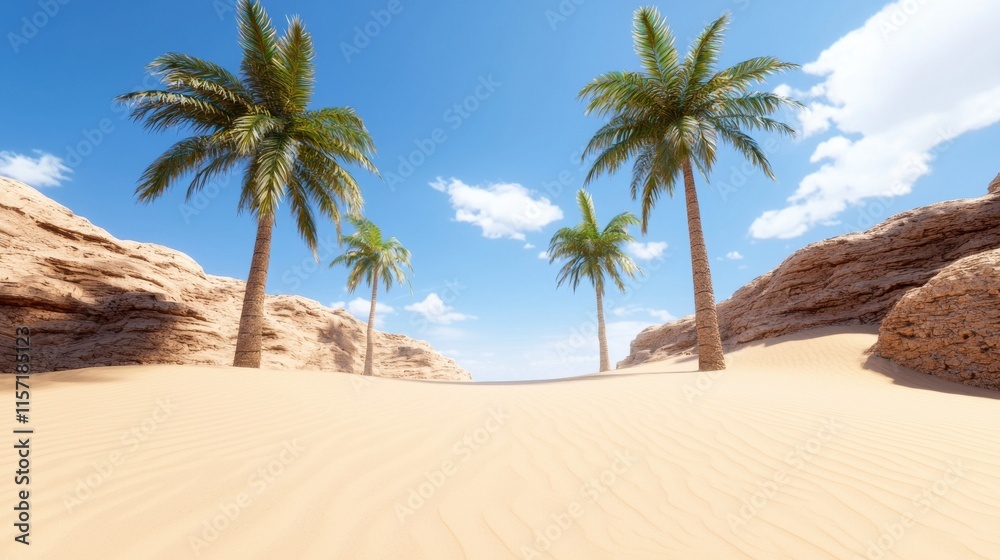 Tranquil Desert Oasis with Palm Trees and Golden Sand Dunes Under a Bright Blue Sky Tranquil Desert Oasis with Palm Trees and Golden Sand Dunes Under a Bright Blue Sky